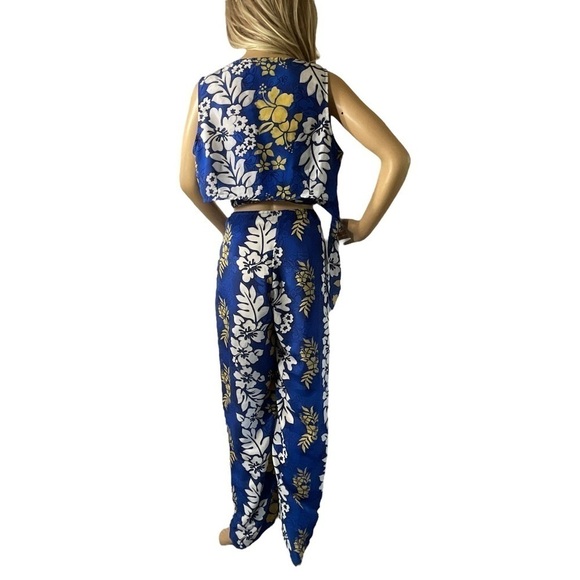 Hawaiian 3 Piece Set Pants Bra Top Floral Wrap Blue White‎ Size 12 Vintage - Picture 4 of 13